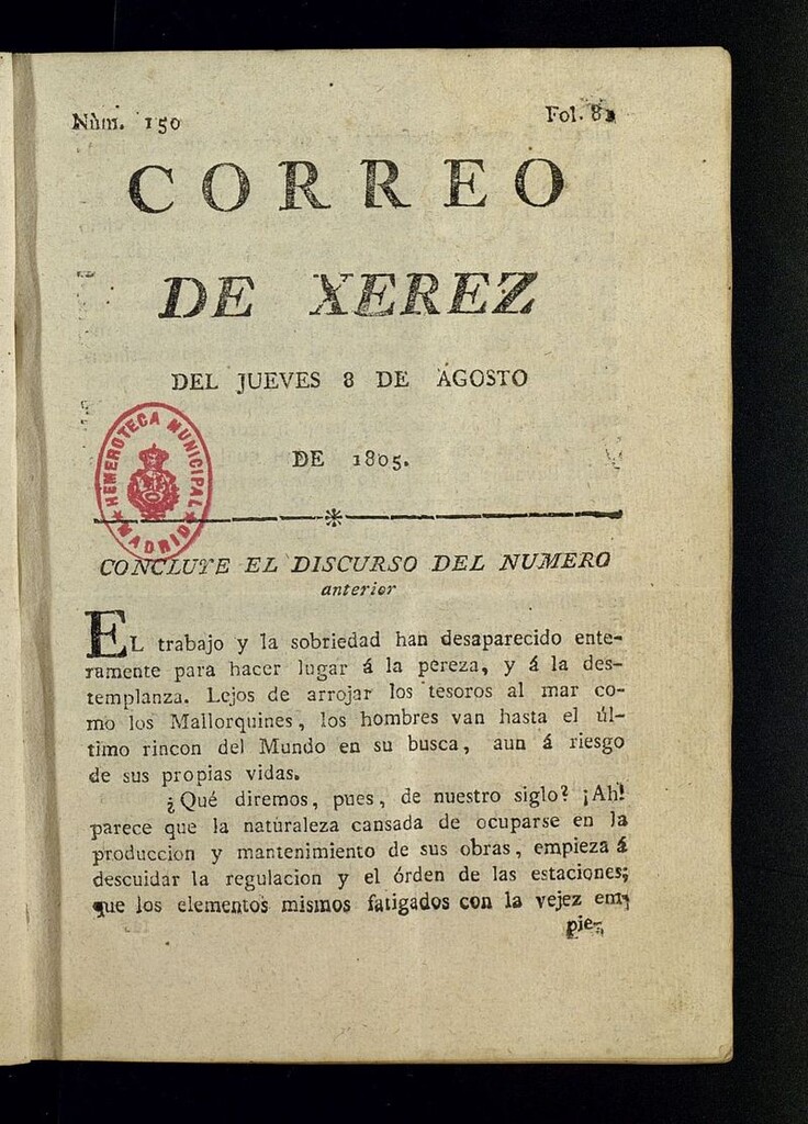 Miniatura de El Correo de Xerez del 8 de agosto de 1805, nº 150