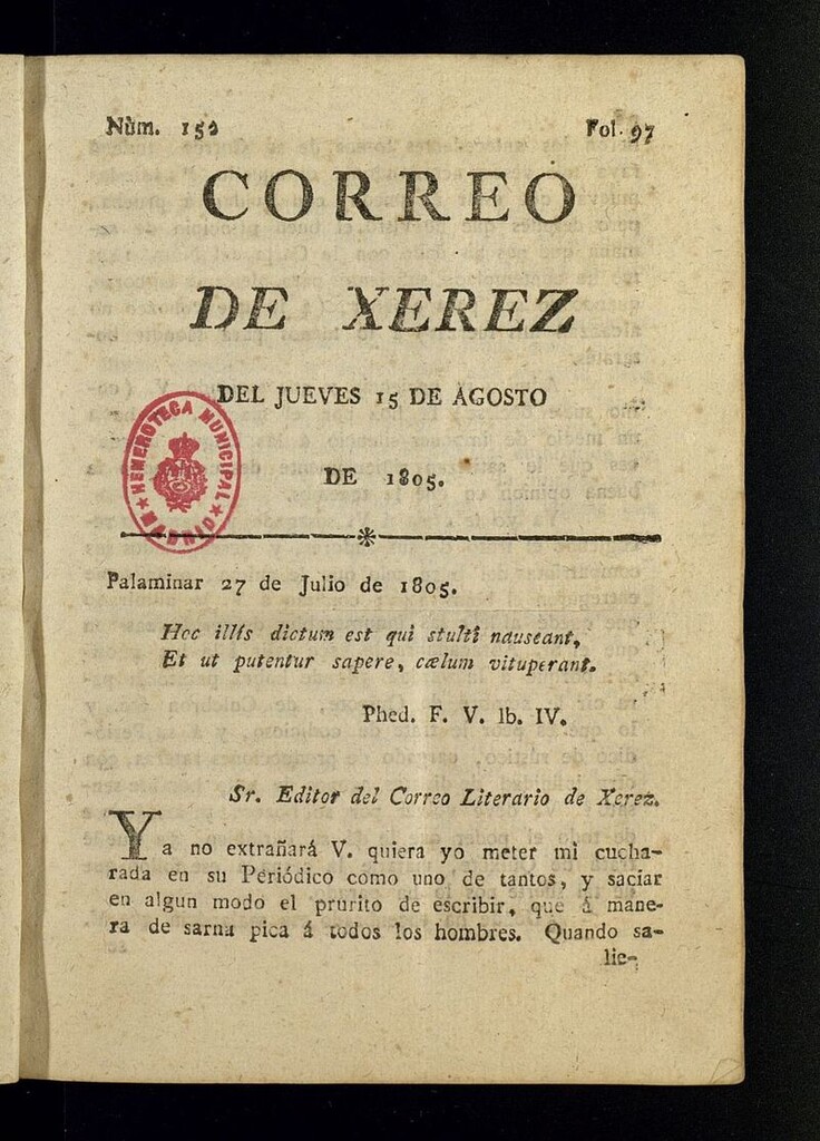 Miniatura de El Correo de Xerez del 15 de agosto de 1805, nº 152