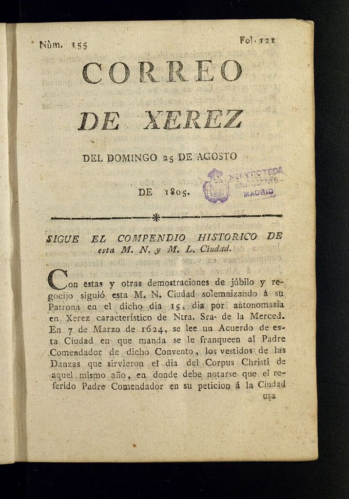 Miniatura de El Correo de Xerez del 25 de agosto de 1805, nº 155