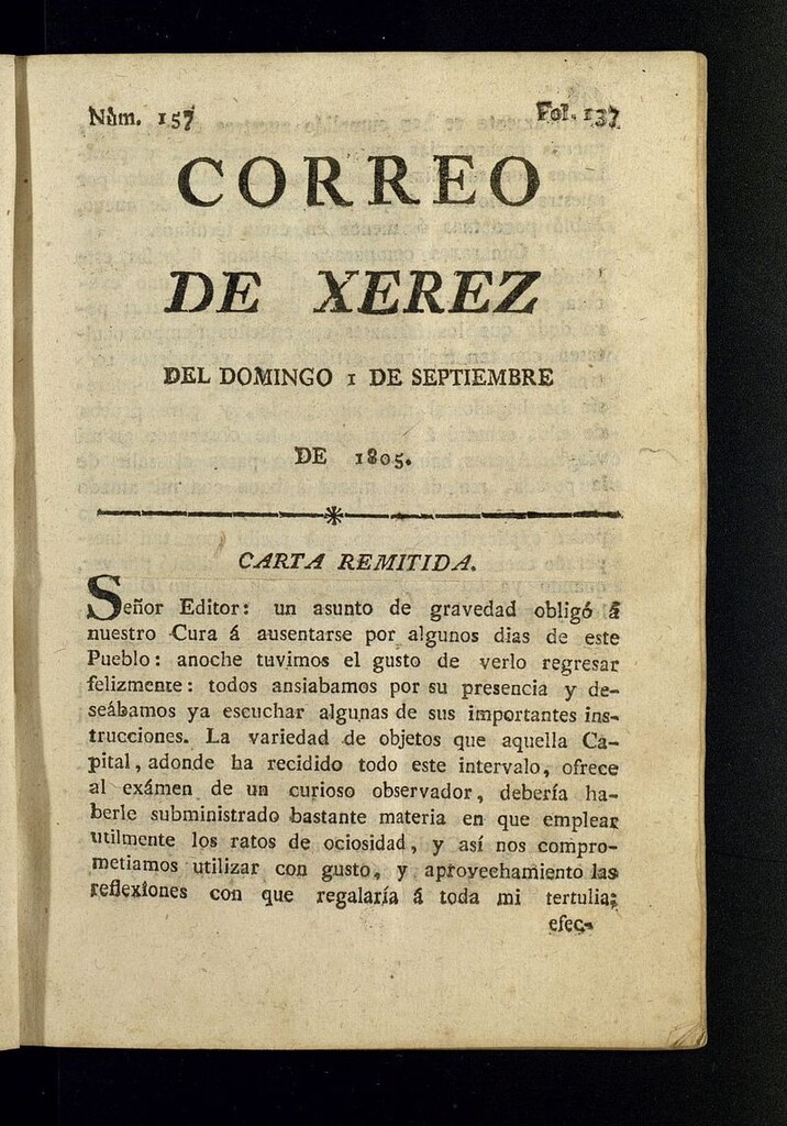Miniatura de El Correo de Xerez del 1 de septiembre de 1805, nº 157