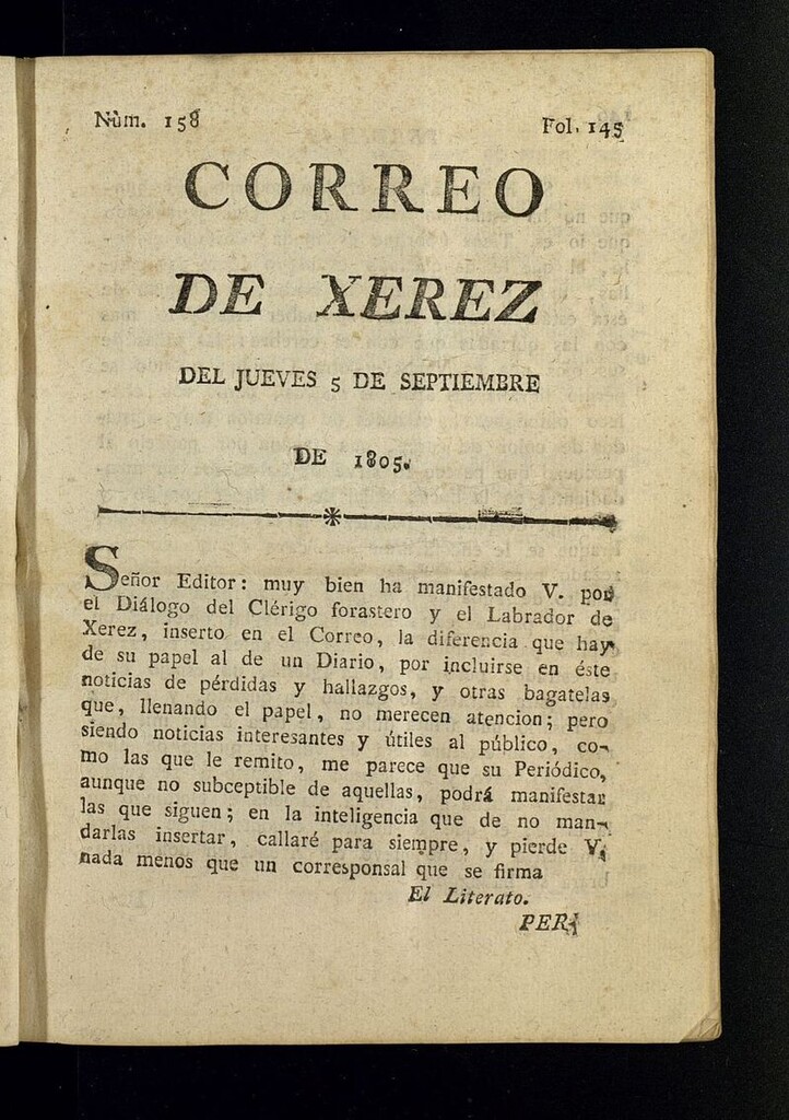 Miniatura de El Correo de Xerez del 5 de septiembre de 1805, nº 158