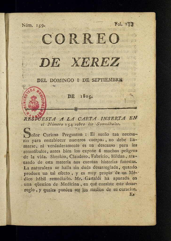 Miniatura de El Correo de Xerez del 8 de septiembre de 1805, nº 159