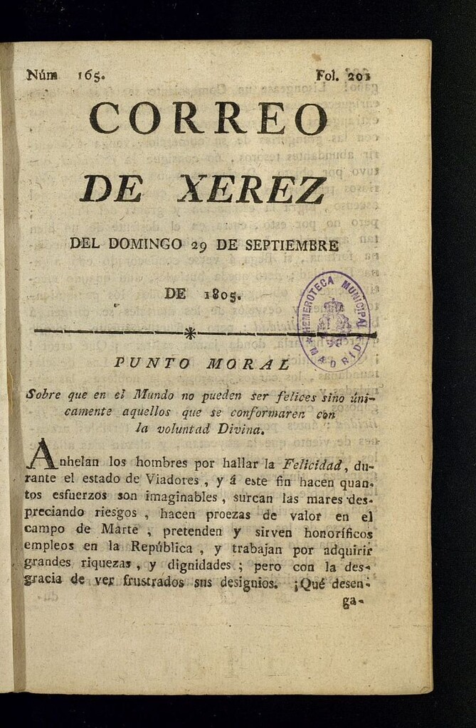 Miniatura de El Correo de Xerez del 29 de septiembre de 1805, nº 165