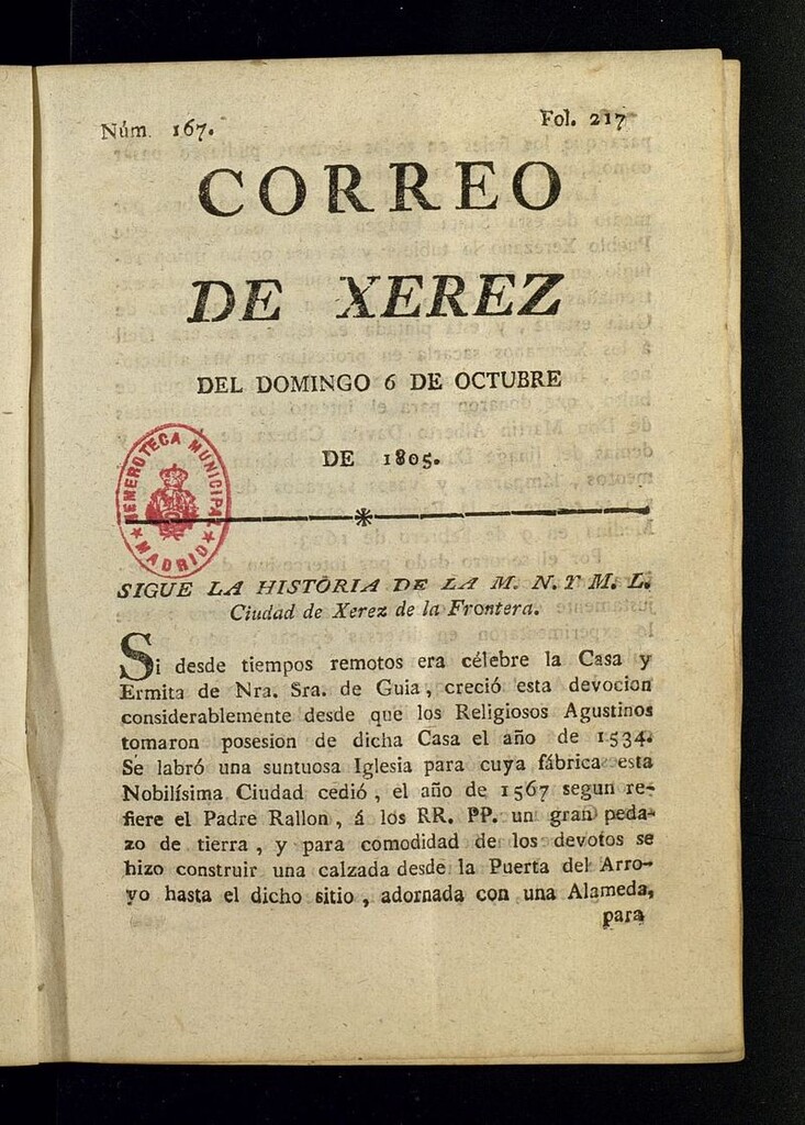 Miniatura de El Correo de Xerez del 6 de octubre de 1805, nº 167