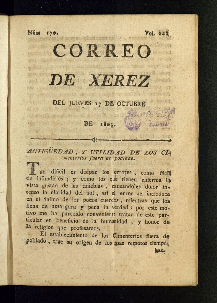 Miniatura de El Correo de Xerez del 17 de octubre de 1805, nº 170