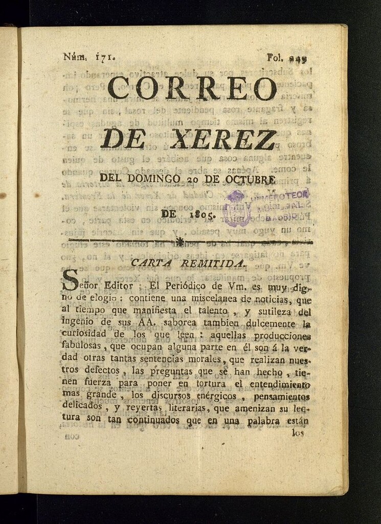 Miniatura de El Correo de Xerez del 20 de octubre de 1805, nº 171