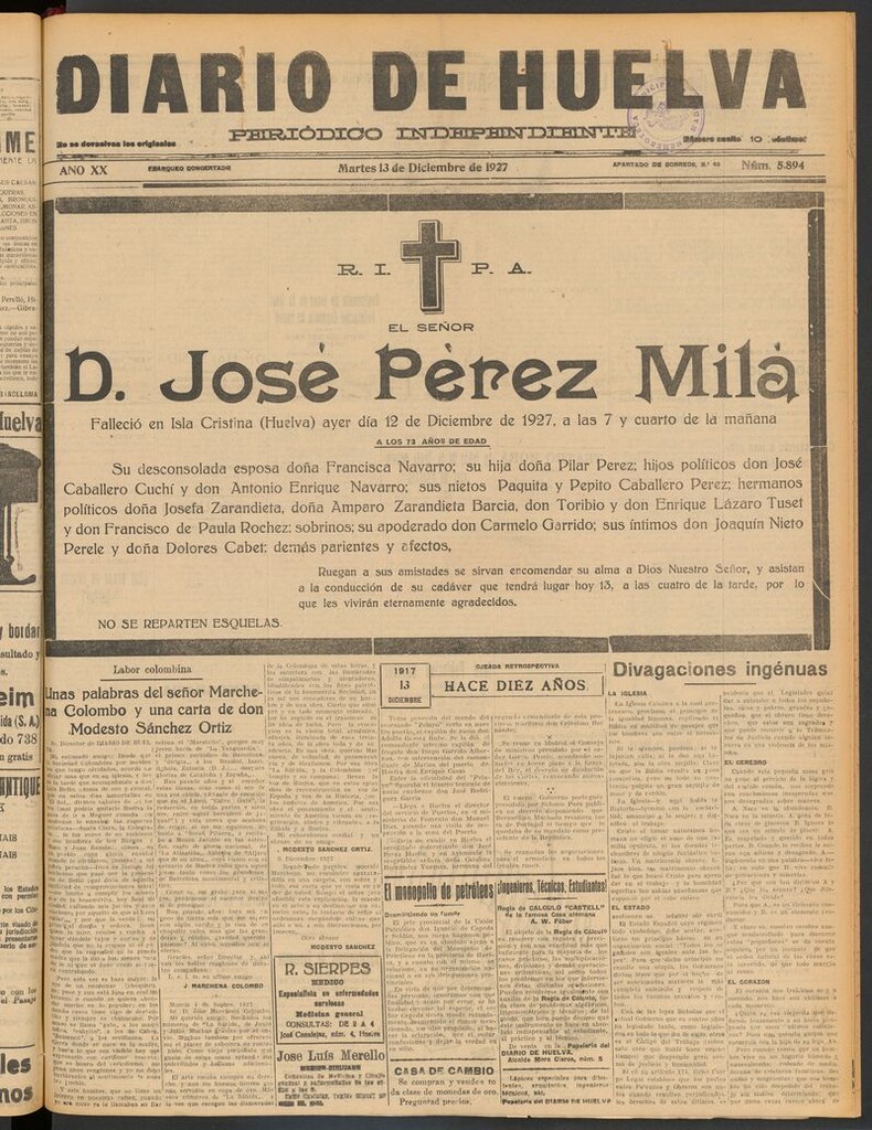Miniatura de Diario de Huelva : periódico independiente del 13 de diciembre de 1927