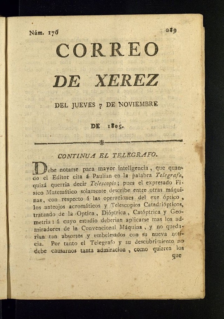Miniatura de El Correo de Xerez del 7 de noviembre de 1805, nº 176