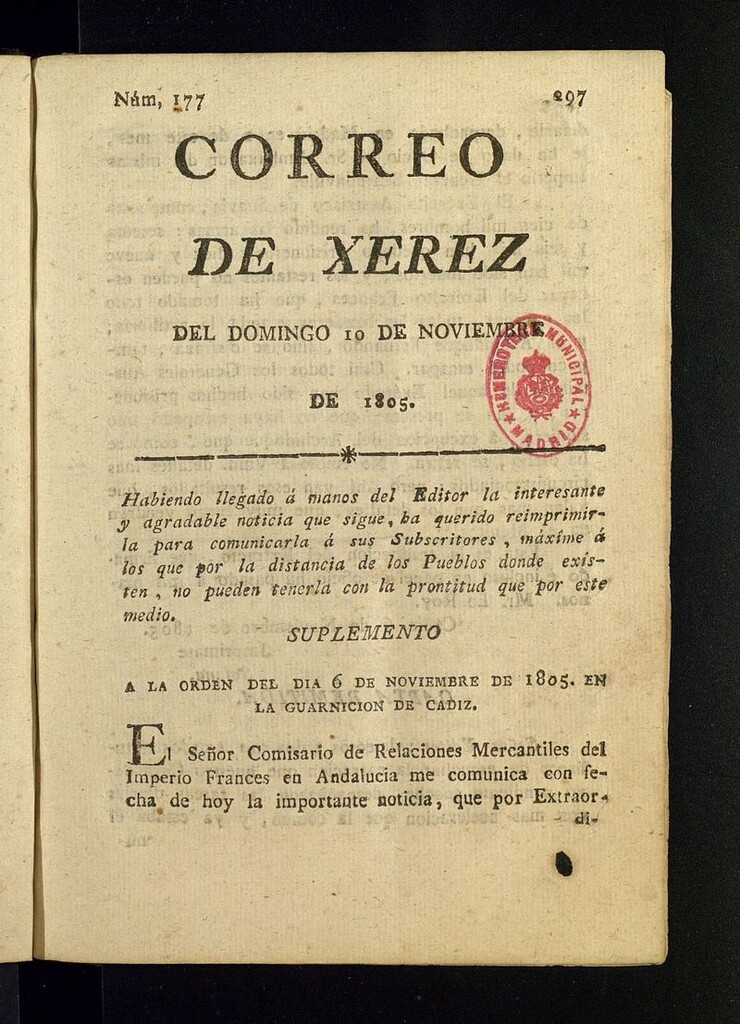 Miniatura de El Correo de Xerez del 10 de noviembre de 1805, nº 177