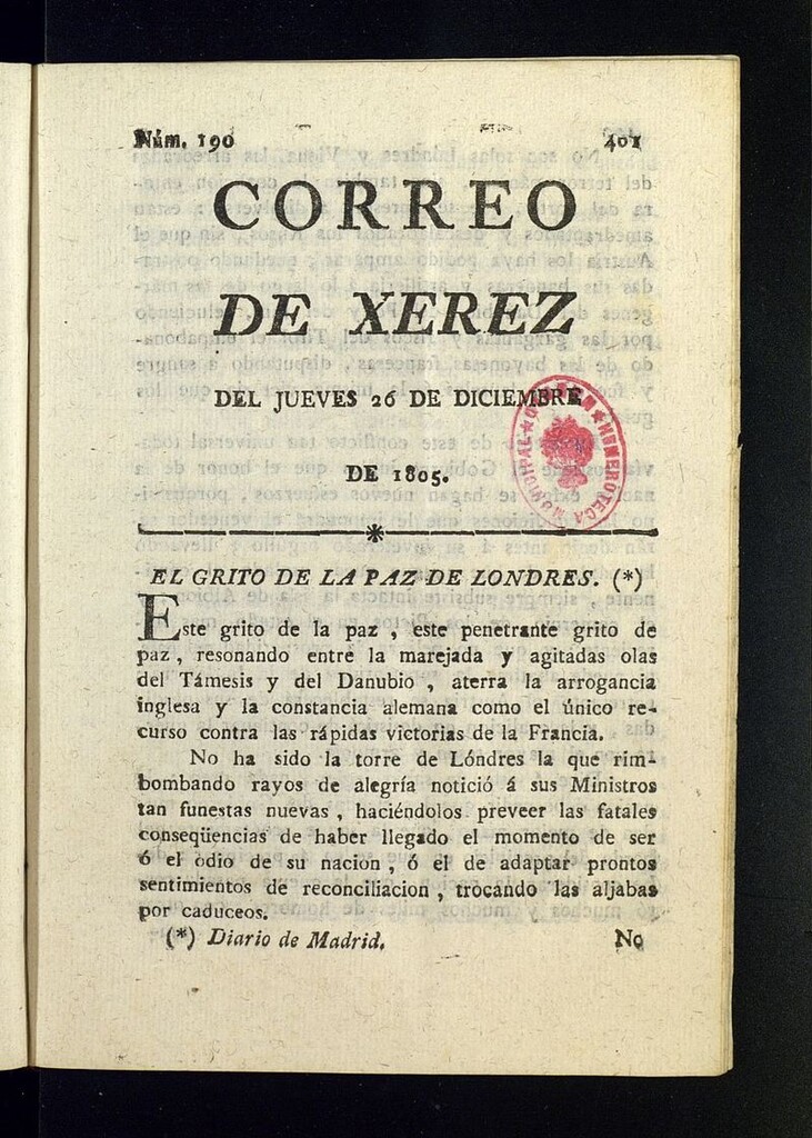 Miniatura de El Correo de Xerez del 26 de diciembre de 1805, nº 190