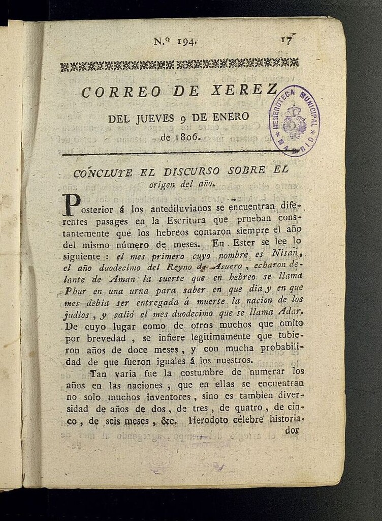 Miniatura de El Correo de Xerez del 9 de enero de 1806, nº 194