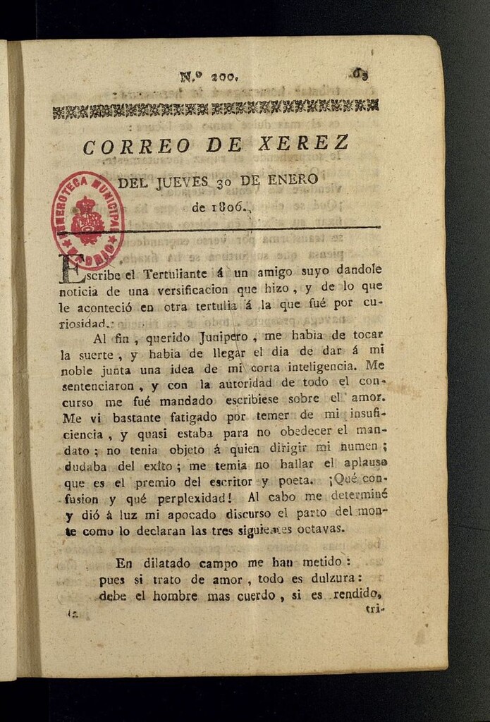 Miniatura de El Correo de Xerez del 30 de enero de 1806, nº 200
