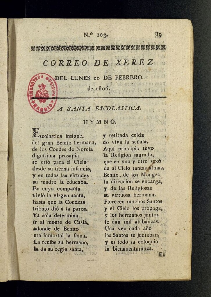 Miniatura de El Correo de Xerez del 10 de febrero de 18061, nº 203