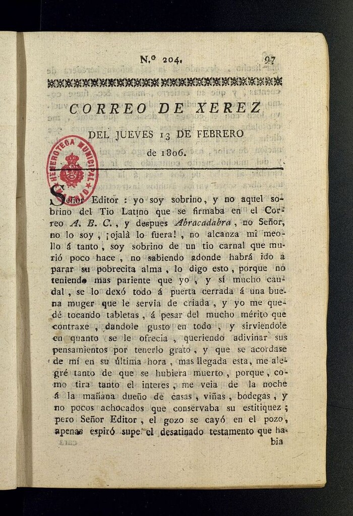 Miniatura de El Correo de Xerez del 13 de febrero de 1806, nº 204