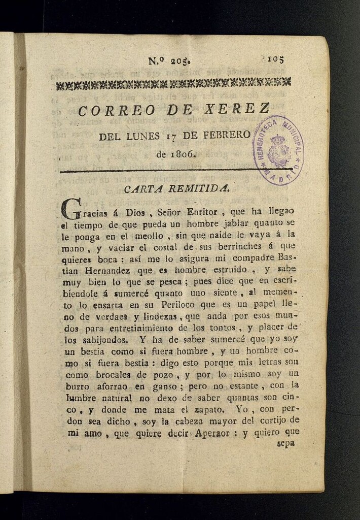 Miniatura de El Correo de Xerez del 17 de febrero de 1806, nº 205