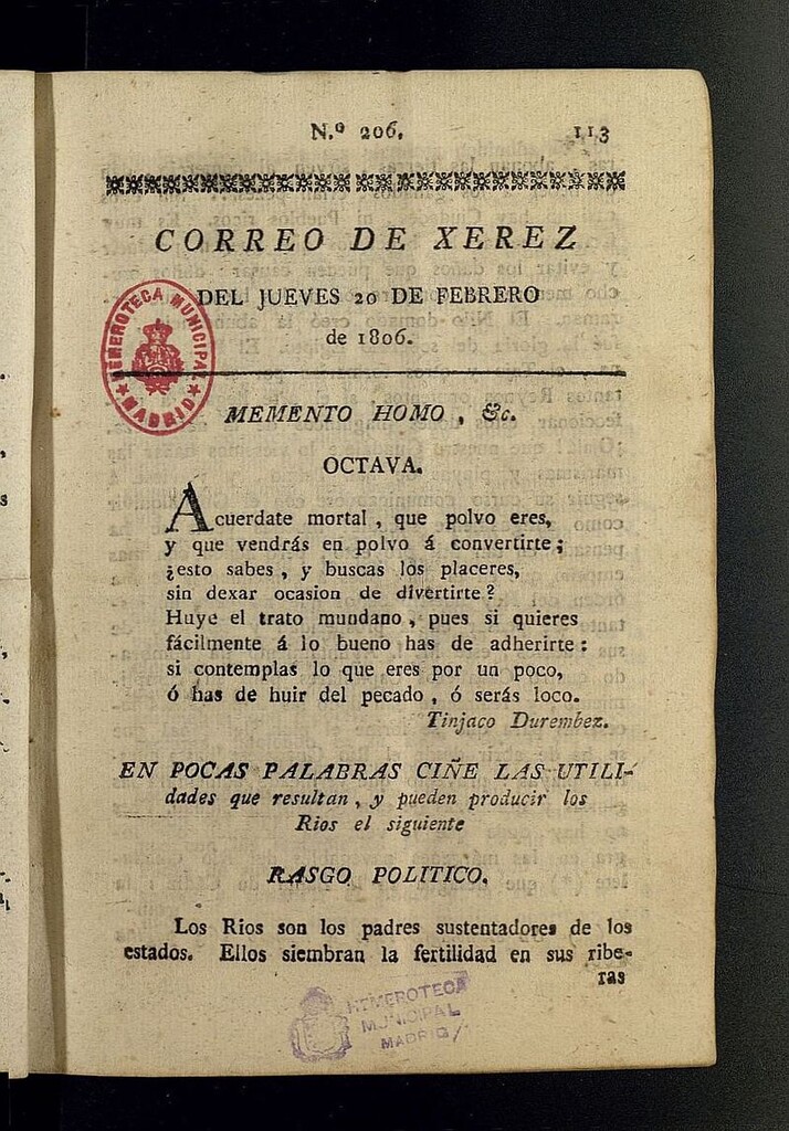 Miniatura de El Correo de Xerez del 20 de febrero de 1806, nº 206