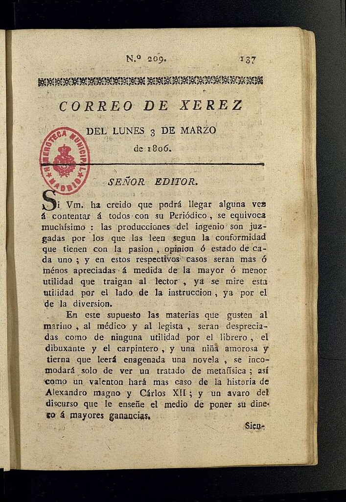Miniatura de El Correo de Xerez del 3 de marzo de 1806, nº 209
