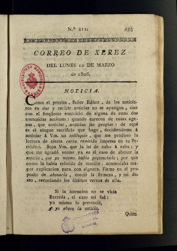 Miniatura de El Correo de Xerez del 10 de marzo de 1806, nº 211