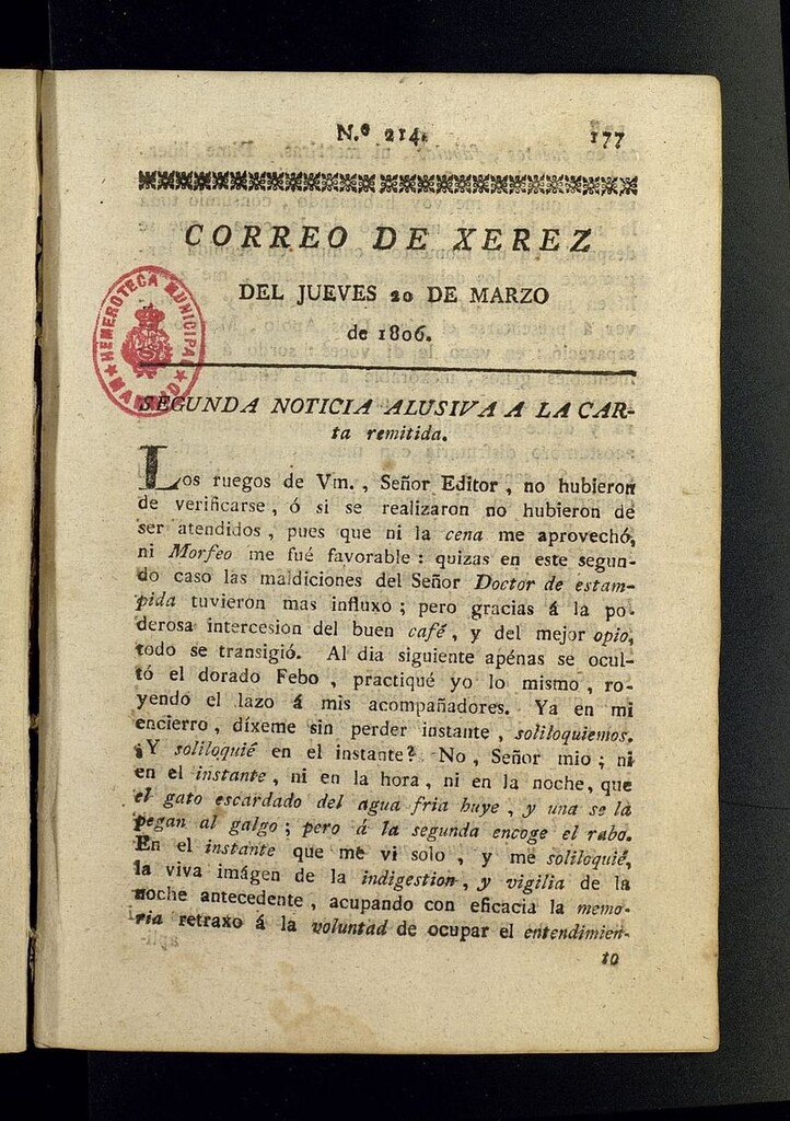Miniatura de El Correo de Xerez del 20 de marzo de 1806, nº 214