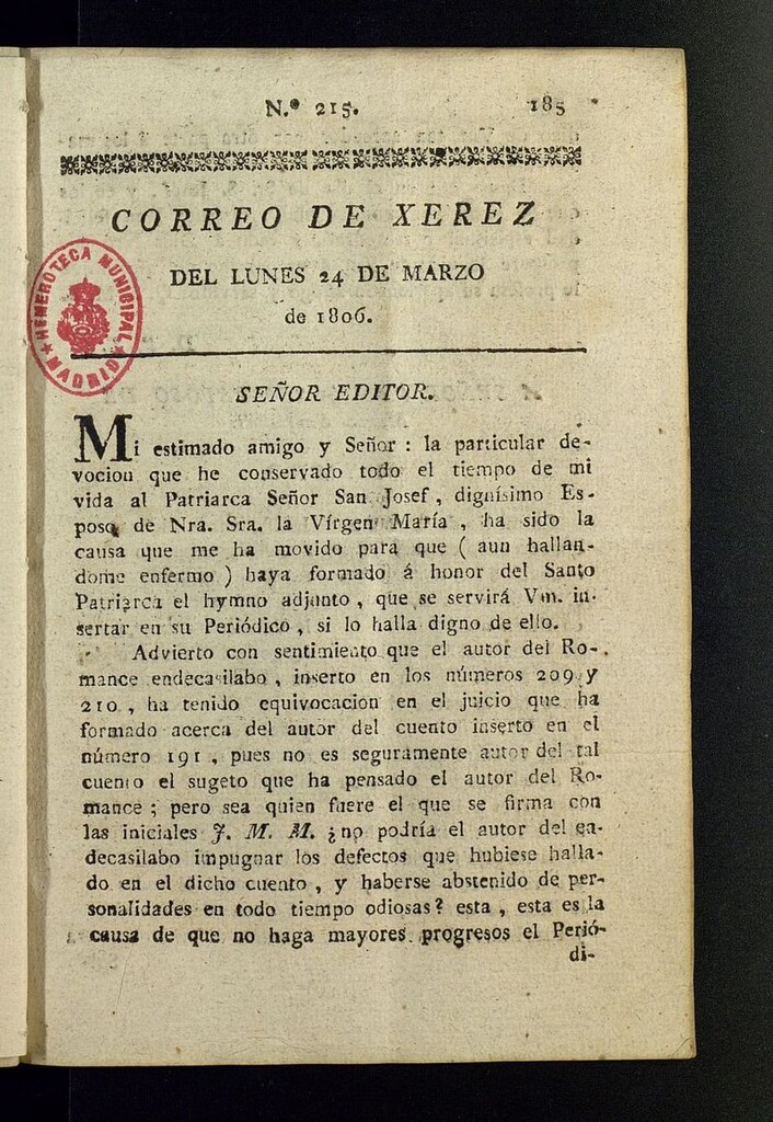 Miniatura de El Correo de Xerez del 24 de marzo de 1806, nº 215