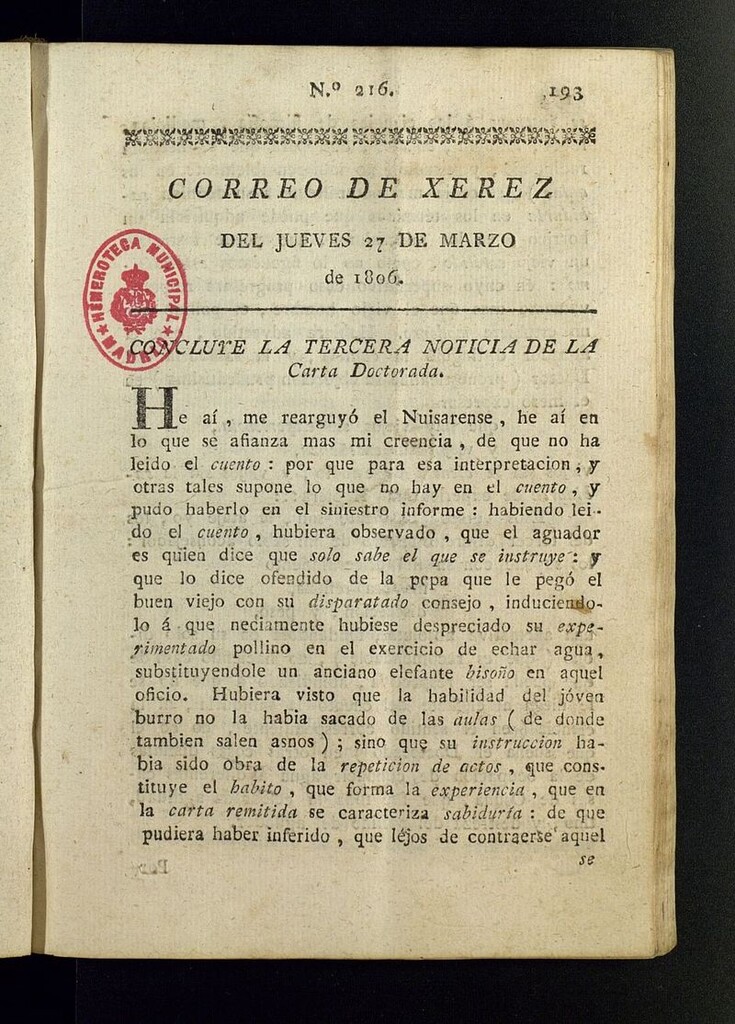 Miniatura de El Correo de Xerez del 27 de marzo de 1806, nº 216