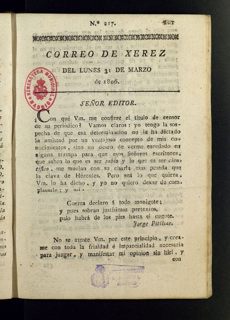 Miniatura de El Correo de Xerez del 31 de marzo de 1806, nº 217