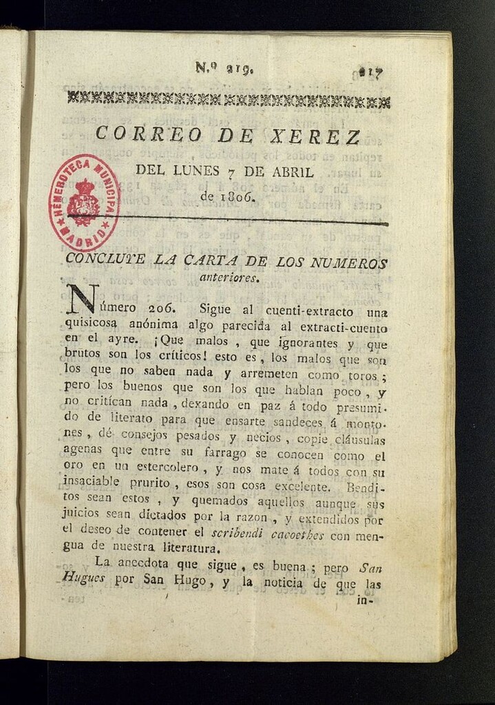 Miniatura de El Correo de Xerez del 7 de abril de 1806, nº 219
