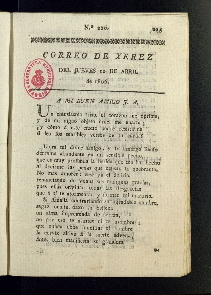 Miniatura de El Correo de Xerez del 10 de abril de 1806, nº 220