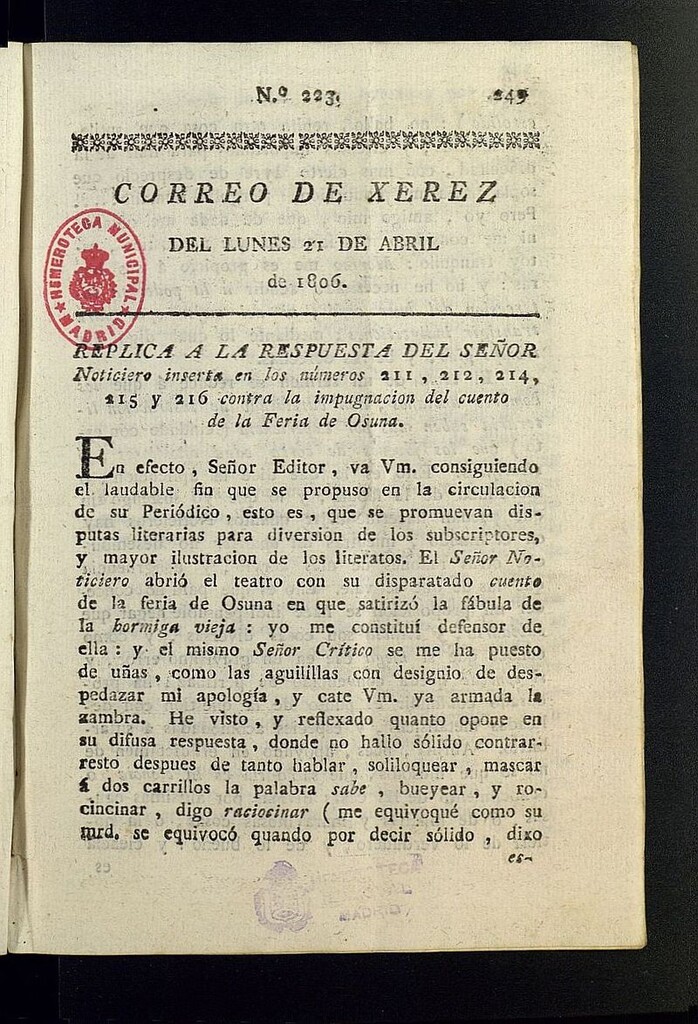 Miniatura de El Correo de Xerez del 21 de abril de 1806, nº 223