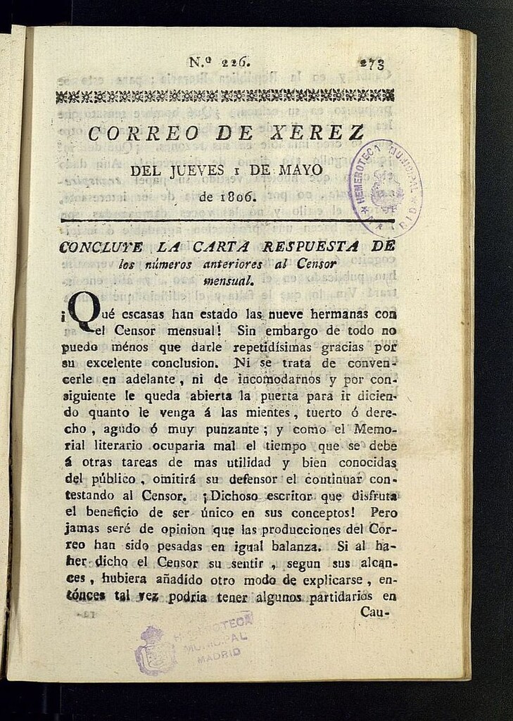 Miniatura de El Correo de Xerez del 1 de mayo de 1806, nº 226