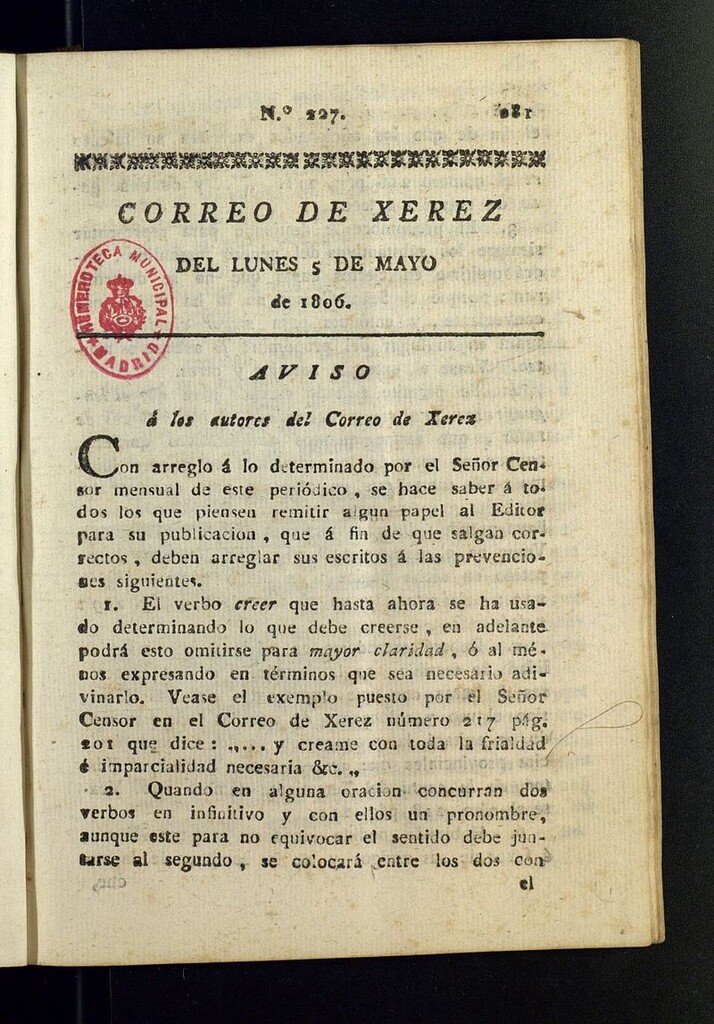 Miniatura de El Correo de Xerez del 5 de mayo de 1806, nº 227