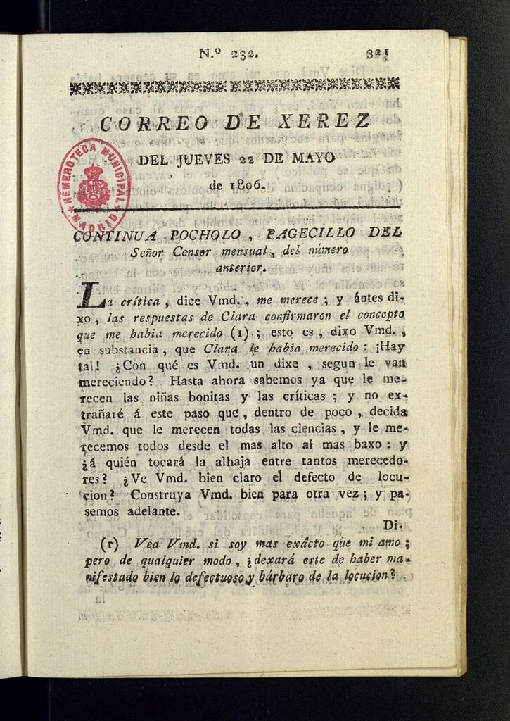 Miniatura de El Correo de Xerez del 22 de mayo de 1806, nº 232