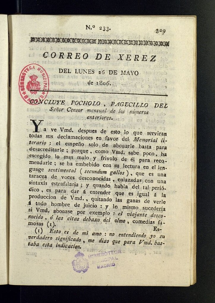 Miniatura de El Correo de Xerez del 26 de mayo de 1806, nº 233