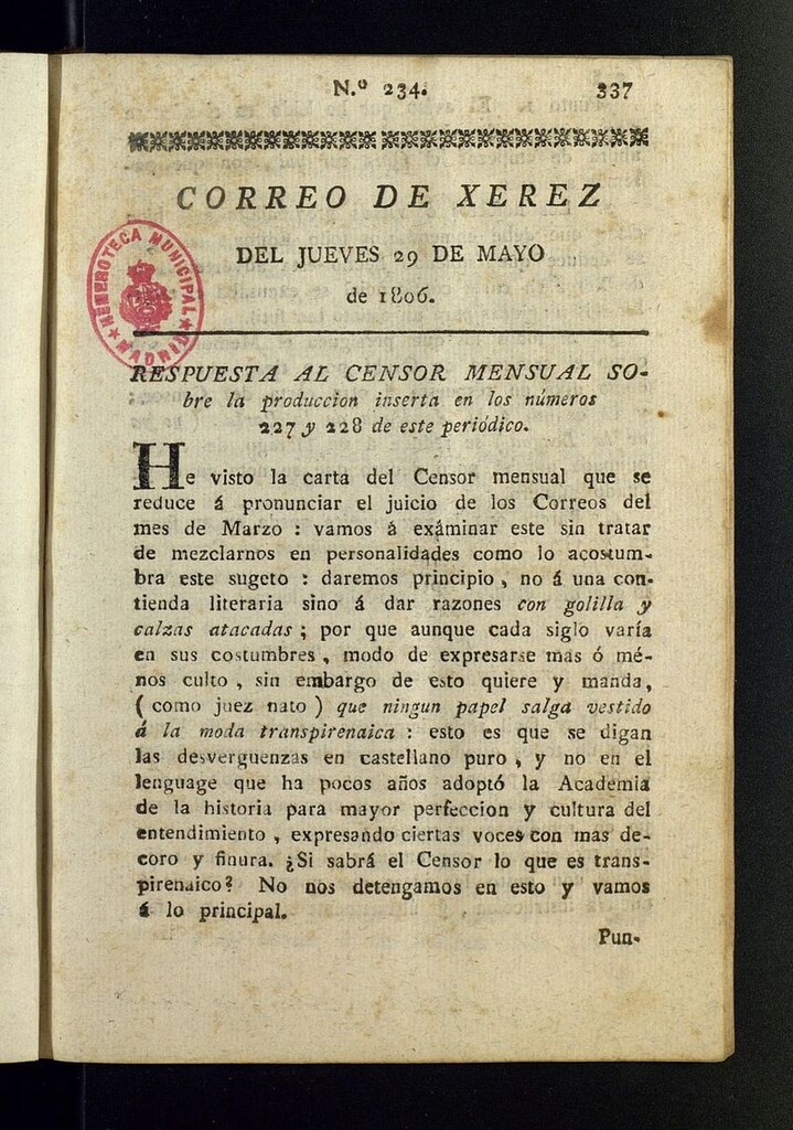 Miniatura de El Correo de Xerez del 29 de mayo de 1806, nº 234