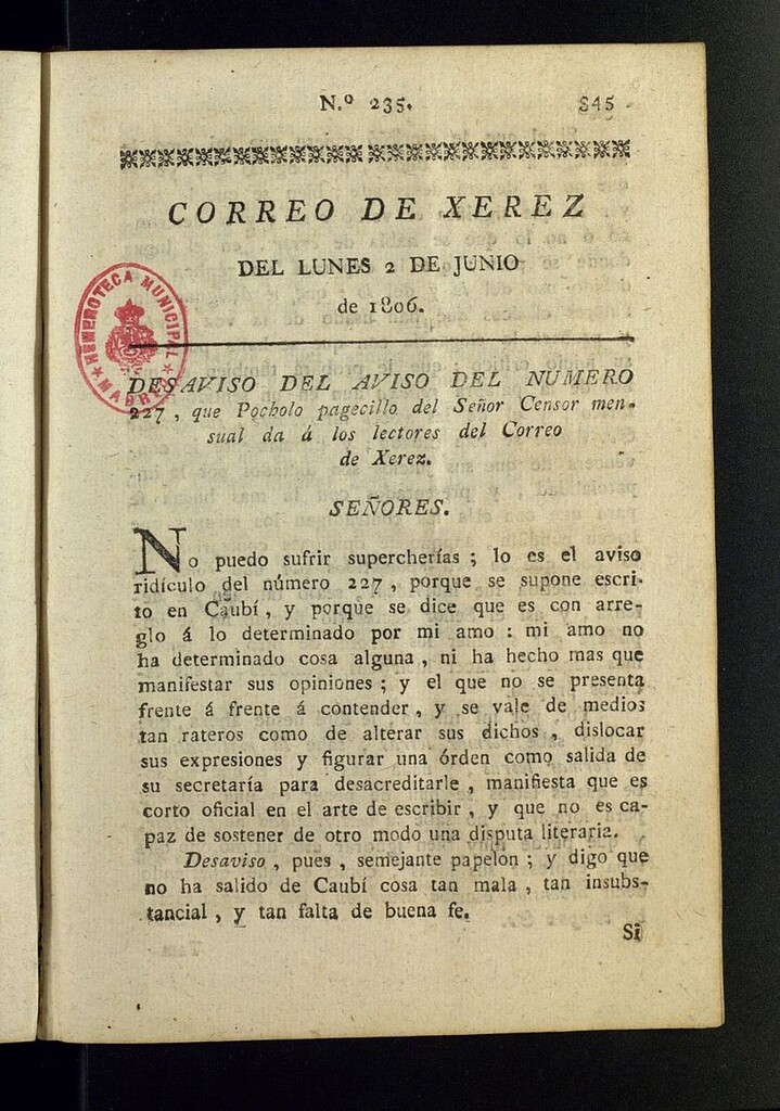 Miniatura de El Correo de Xerez del 2 de junio de 1806, nº 235
