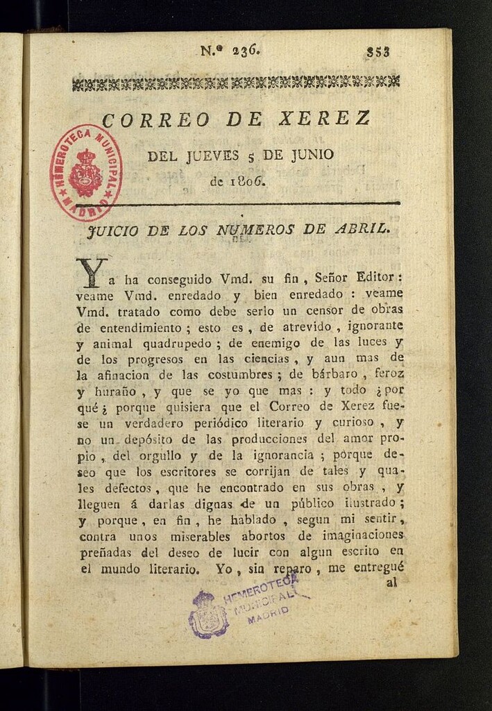 Miniatura de El Correo de Xerez del 5 de junio de 1806, nº 236