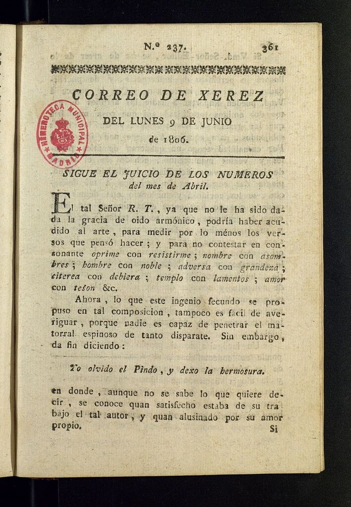 Miniatura de El Correo de Xerez del 9 de junio de 1806, nº 237