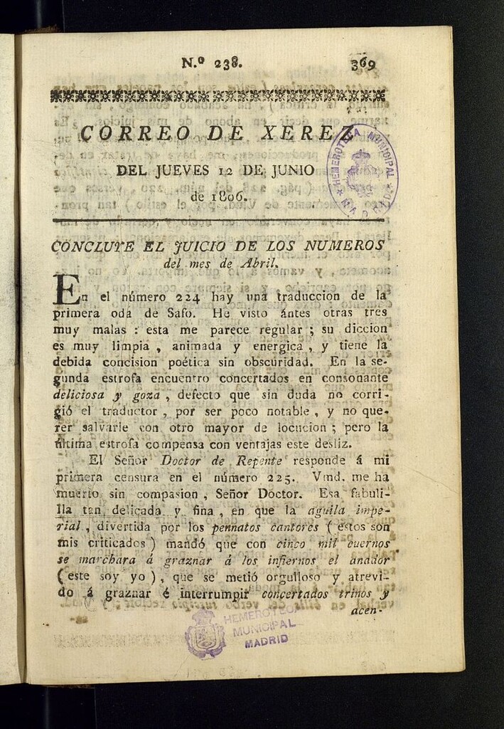 Miniatura de El Correo de Xerez del 12 de junio de 1806, nº 238