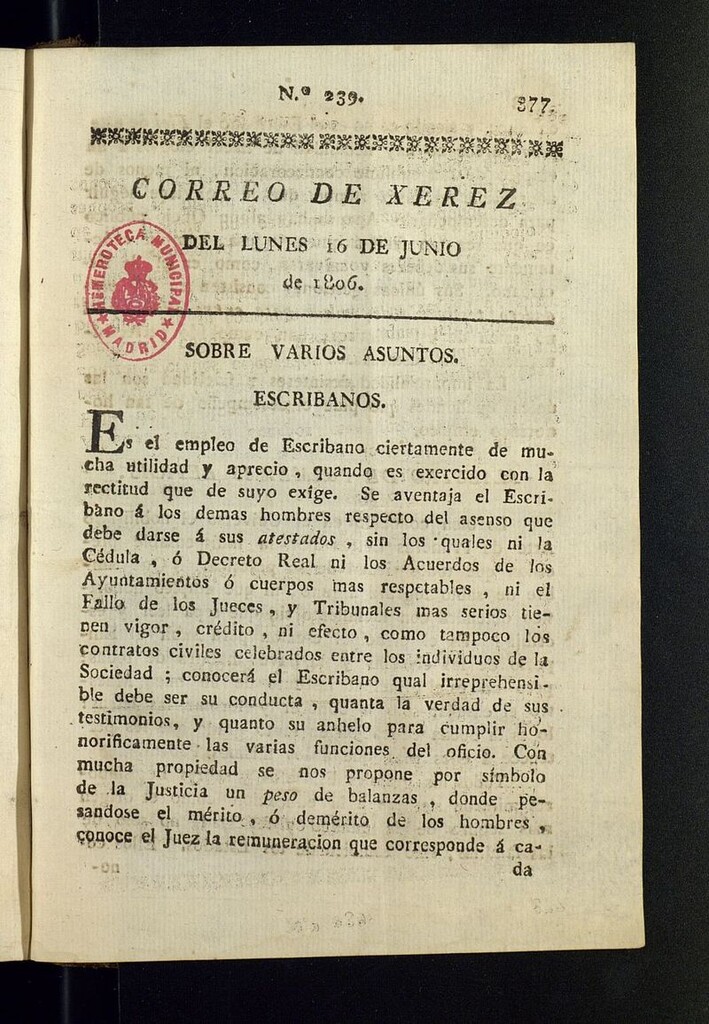 Miniatura de El Correo de Xerez del 16 de junio de 1806, nº 239