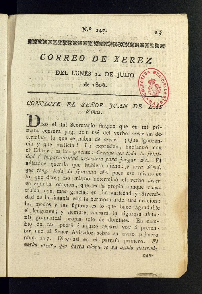 Miniatura de El Correo de Xerez del 14 de julio de 1806, nº 247