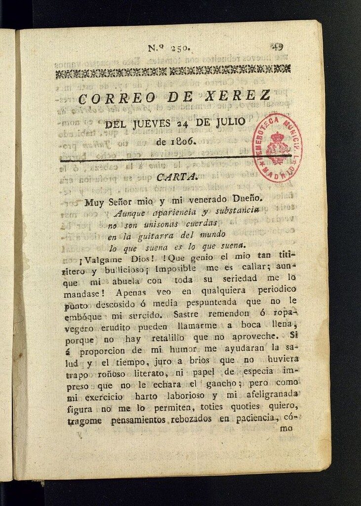 Miniatura de El Correo de Xerez del 24 de julio de 1806, nº 250