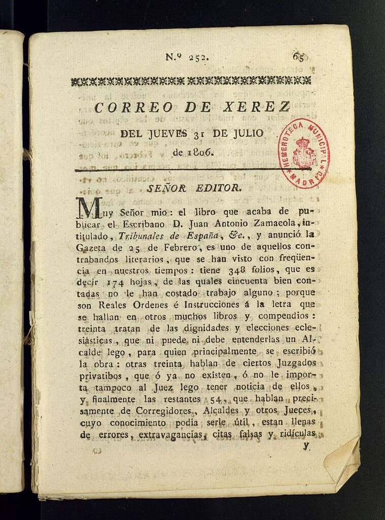 Miniatura de El Correo de Xerez del 31 de julio de 1806, nº 252