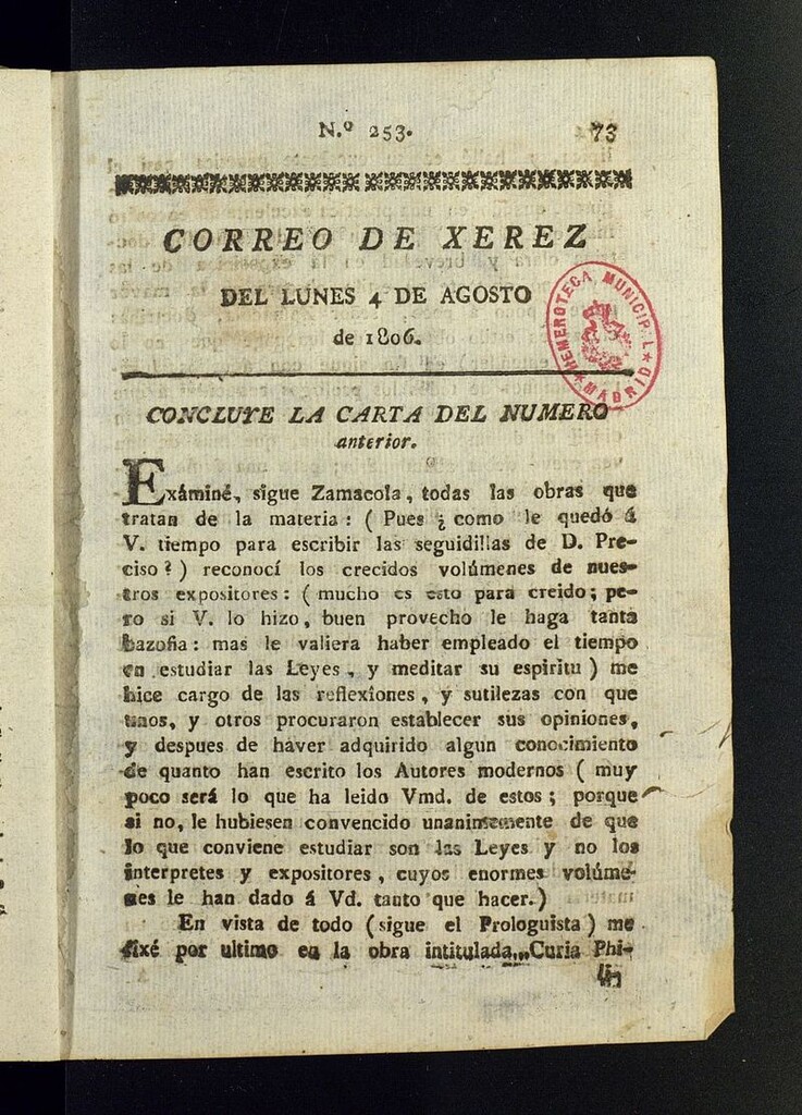 Miniatura de El Correo de Xerez del 4 de agosto de 1806, nº 253