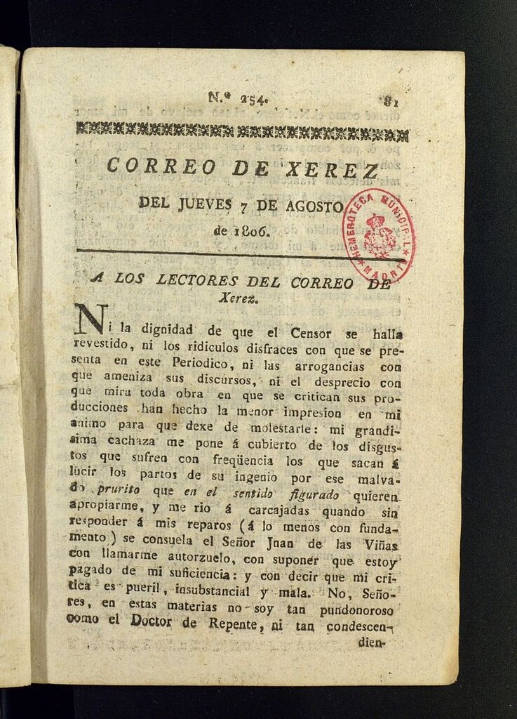 Miniatura de El Correo de Xerez del 7 de agosto de 1806, nº 254