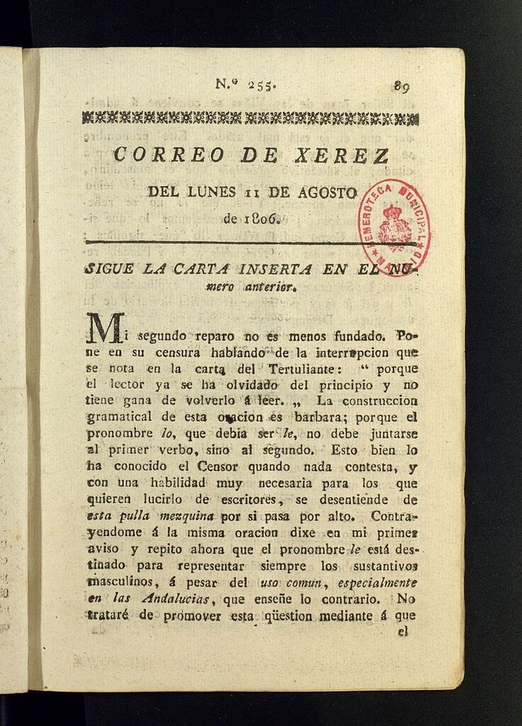 Miniatura de El Correo de Xerez del 11 de agosto de 1806, nº 255