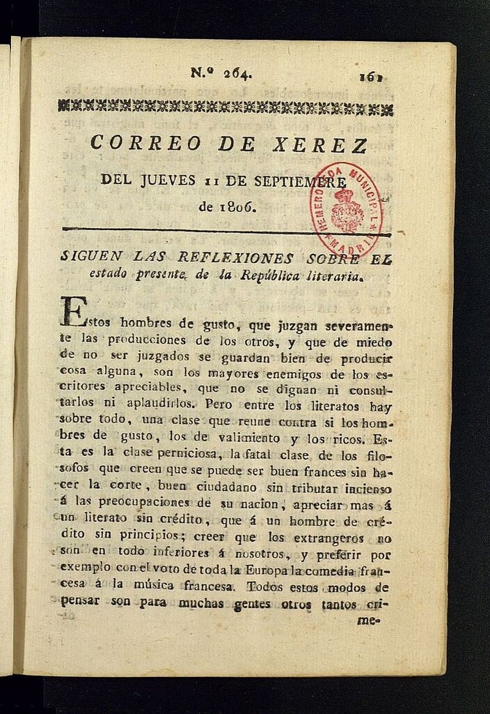 Miniatura de El Correo de Xerez del 11 de septiembre de 1806, nº 264