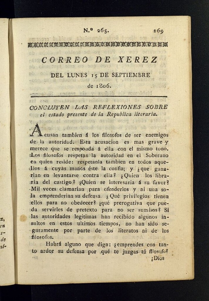 Miniatura de El Correo de Xerez del 15 de septiembre de 1806, nº 265