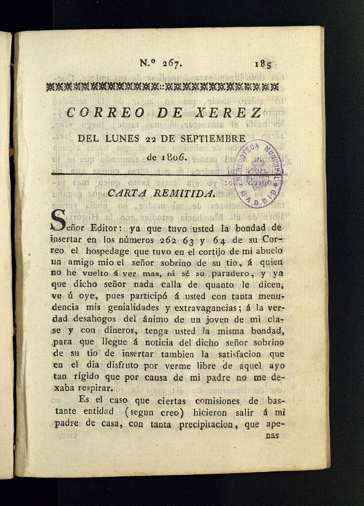 Miniatura de El Correo de Xerez del 22 de septiembre de 1806, nº 267