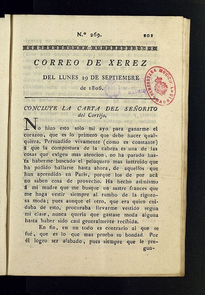 Miniatura de El Correo de Xerez del 29 de septiembre de 1806, nº 269
