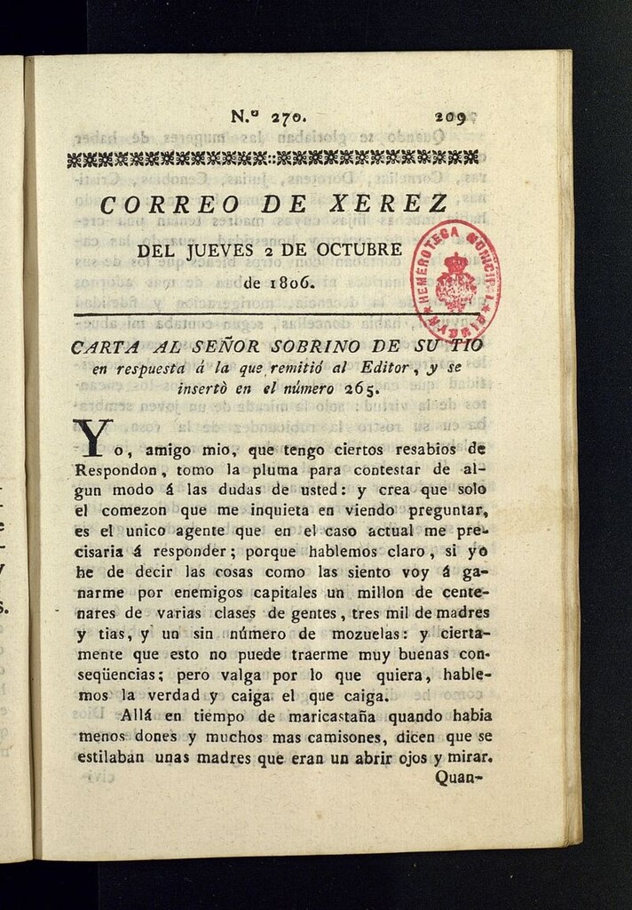 Miniatura de El Correo de Xerez del 2 de octubre de 1806, nº 270